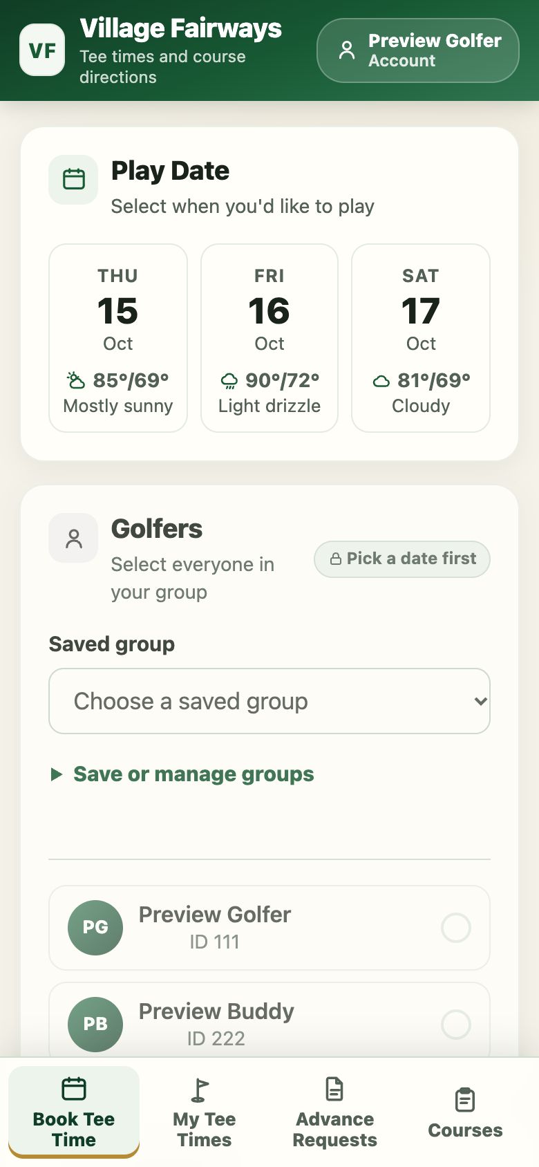 The Book Tee Time page with three play dates to choose from.