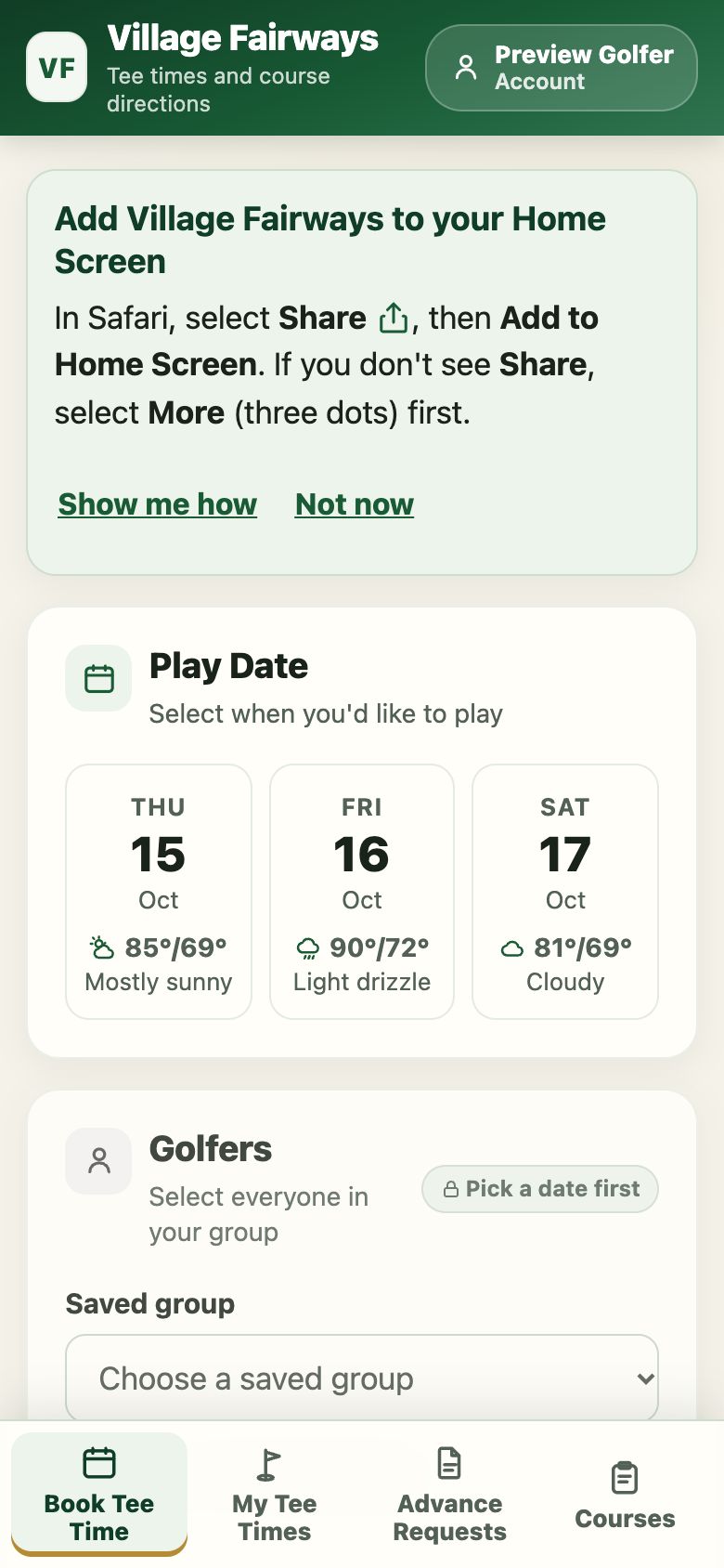 The Village Fairways booking page with a card at the top that explains how to add the app to the Home Screen.