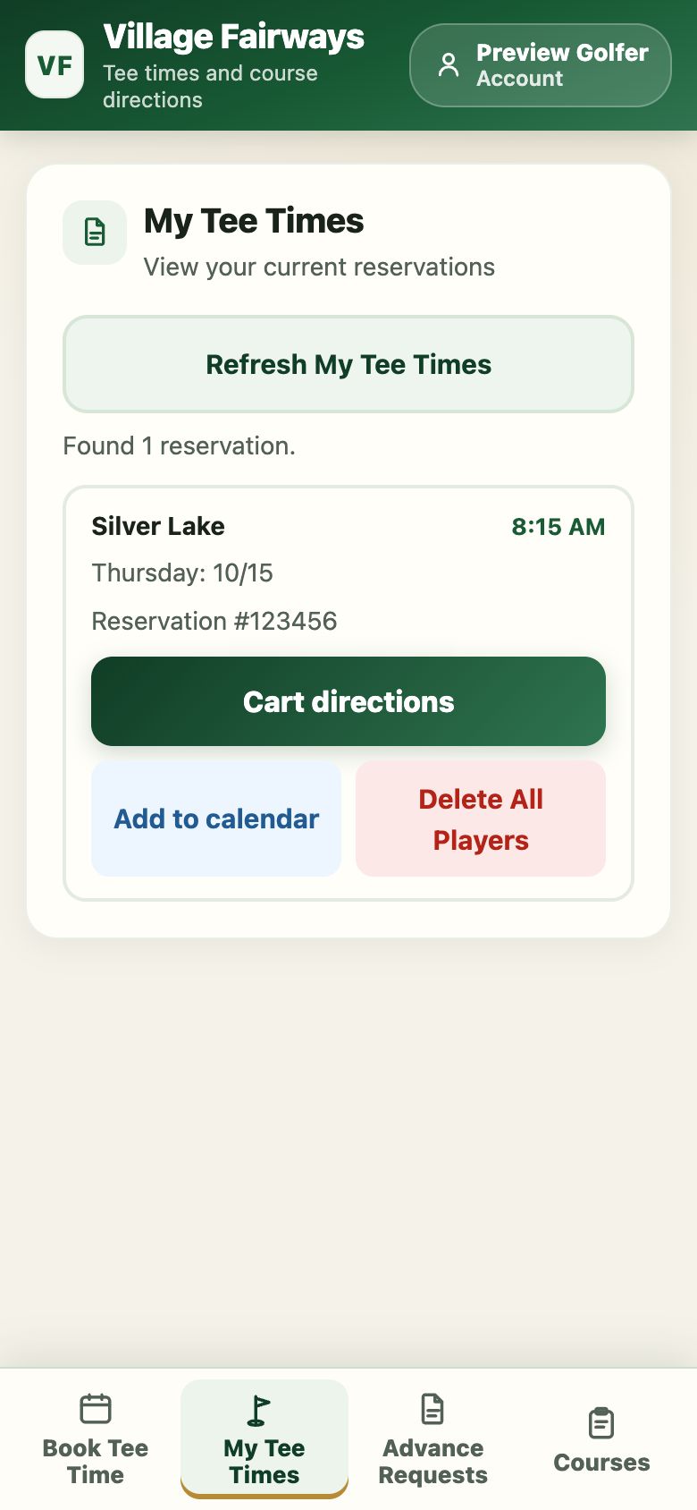 The My Tee Times page showing one reservation with Cart directions, Add to calendar, and Delete All Players buttons.